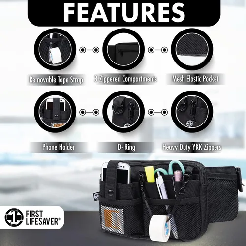 Vista 2 de First Lifesaver Riñonera para enfermera con múltiples compartimentos y soporte de cinta para enfermeras y estudiantes de enfermería (negro)