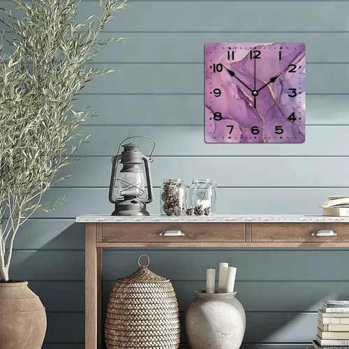 Vista 6 de Reloj de pared de madera de 15 pulgadas, funciona con pilas, digital morado y dorado con textura de purpurina cuadrada, reloj de pared