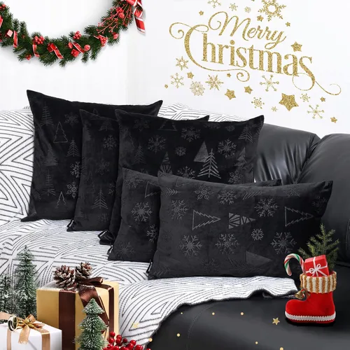 Vista 5 de Paquete de 2 fundas de almohada decorativas de terciopelo navideño suave para sofá de 18 x 18 pulgadas, color negro