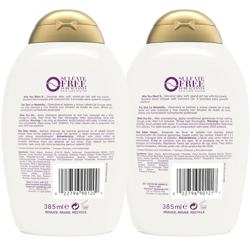 Vista 2 de OGX Extra Strength Damage Remedy + Coconut Miracle Oil Champú y acondicionador para cabello seco, encrespado o grueso, acondicionador hidratante