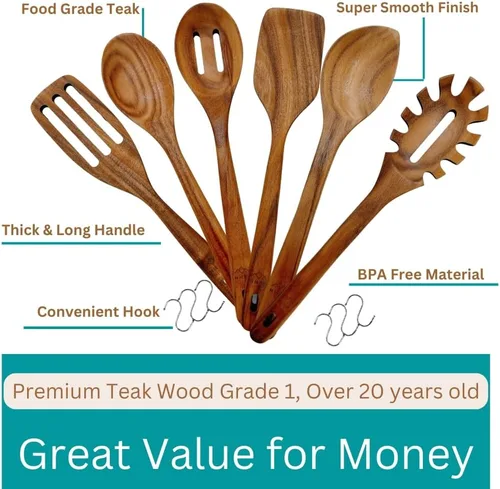 Vista 3 de Utensilios de madera para cocinar, cucharas saludables de teca premium, cucharas de madera para cocinar, cuchara de cocina de teca duradera