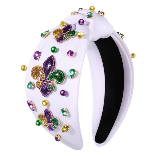Vista 9 de Diadema de Mardi Gras para mujer, diadema de corona de flor de lis, diadema morada con diamantes de imitación y nudo superior, accesorios