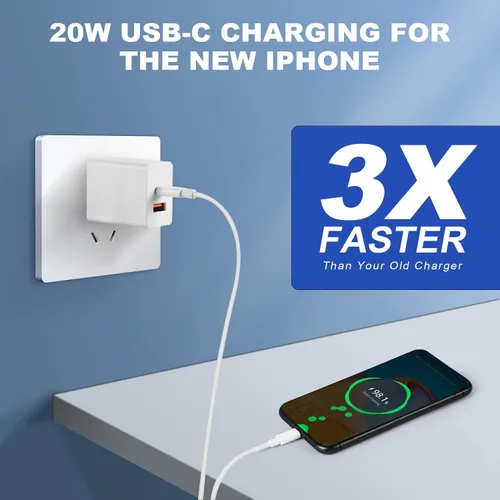Vista 5 de Paquete de 2 cargadores de pared USB-C de 20 W, carga rápida USB-C y USB-A de doble puerto