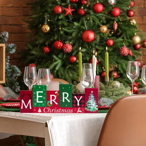 Vista 3 de Decoraciones de mesa de Navidad, centros de mesa de invierno de madera, Feliz Navidad, reversible, patrón de doble cara, letrero de pie para mesa