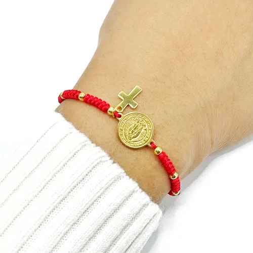Vista 6 de Pulsera de cuerda roja hecha a mano con dije de Virgen María, joyería de protección cruzada de religión