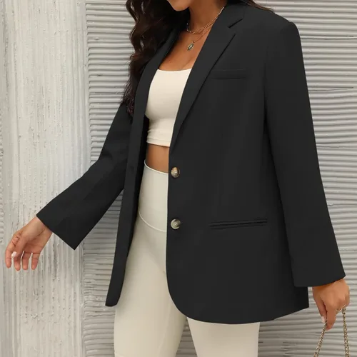 Vista 6 de Sucolan Blazers de gran tamaño para mujer, de manga larga, frente abierto, casual, chaqueta de solapa con botones, chaqueta de traje con bolsillos