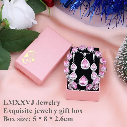 Vista 6 de LMXXVJ Juego de collar y aretes largos, chapados en oro blanco, juego de joyas de zafiro azul creado, joyería de regalo para boda, fiesta, joyería