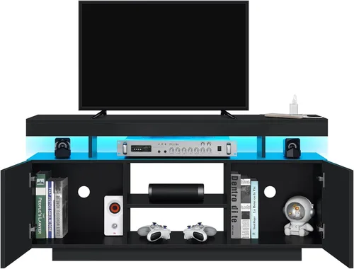 Vista 8 de HOMMPA Soporte de TV LED moderno para televisores de 55/50/43/40/32 pulgadas con tomas de corriente, centro de entretenimiento
