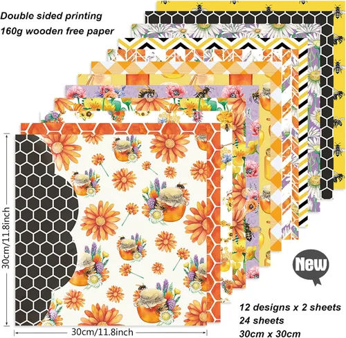 Vista 2 de Bloc de papel de doble cara para álbum de recortes de 12 x 12 pulgadas, diseño de abeja amarilla y negra, paquete de origami para manualidades