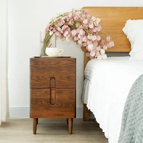 Vista 11 de Mesita de noche moderna de mediados de siglo, mesita de noche estrecha, mesa auxiliar minimalista para dormitorio, mesas de noche de 2 cajones