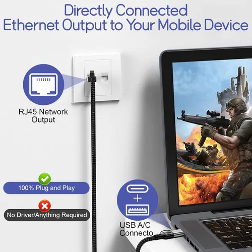 Vista 2 de Herfair Cable Ethernet a USB C Gigabit LAN Cable de Internet 1000Mbps Cable adaptador RJ45 a USB de alta velocidad para laptop, tableta, PC