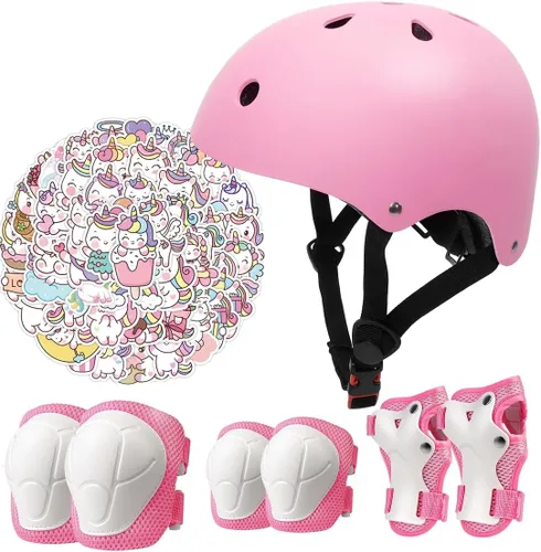 Vista 15 de Juego de casco de bicicleta para niños, certificado CPSC con rodilleras, coderas, muñequeras, casco negro ajustable para niñas de 2-3-5-8 años