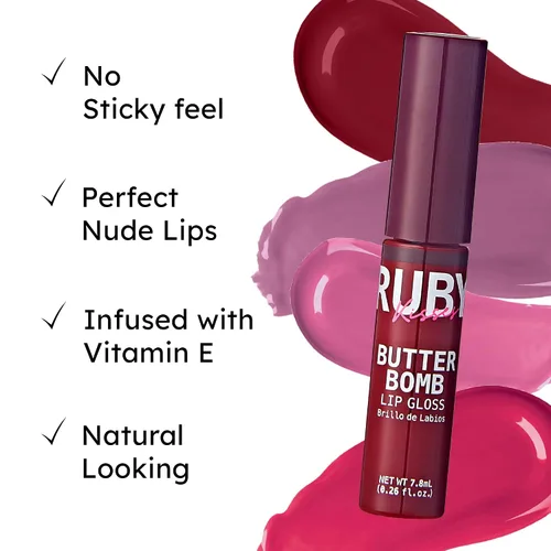 Vista 3 de Ruby Kisses Brillo de labios Butter Bomb Gloss, brillo de labios no pegajoso, vitamina E, tono natural desnudo, maquillaje de labios - 7.8mL