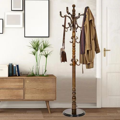Vista 16 de Percheros independientes con 14 ganchos, soportes de madera natural para entrada, altura ajustable de 73 pulgadas, perchero de árbol para pasillo