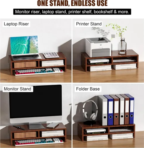 Vista 6 de Soporte elevador para monitor con almacenamiento, organizador de escritorio de 2 niveles y estante de madera de escritorio, soporte ergonómico
