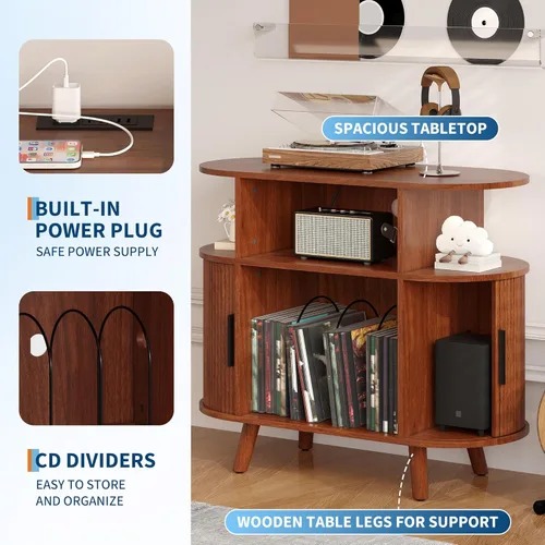 Vista 6 de GarveeHome Soporte redondo grande para tocadiscos con estación de carga y puertos USB, soporte para tocadiscos de vinilo rústico, gabinete