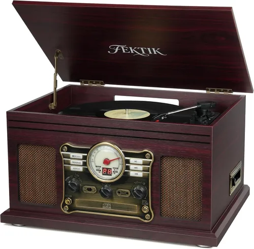 Vista 8 de FEKTIK Tocadiscos Bluetooth 10 en 1 con altavoz integrado, reproductor de discos de vinilo, casete de CD y radio FM, entrada AUX en salida RCA, USB