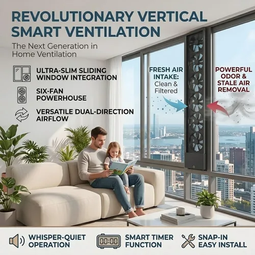 Vista 2 de Ventilador de ventana vertical delgado para ventanas corredizas, inserto de ventilador de escape reversible, sin taladro, ventilador de escape Blanco