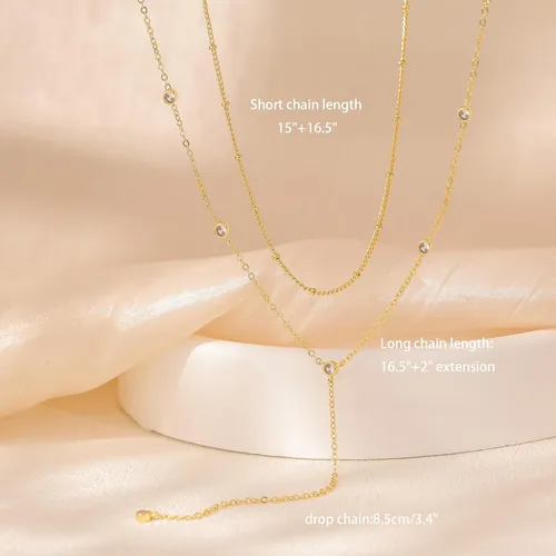 Vista 4 de Collar de oro para mujer, delicados collares largos chapados en oro de 14 quilates, barra de graduación, collar de lariat de circonita cúbica