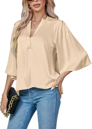 Vista 4 de LYANER Blusa de satén elegante con cuello en V y manga 34 para mujer