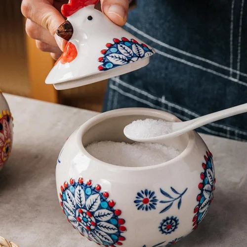 Vista 5 de Olla de condimentos de porcelana con tapa y cuchara, tazón de sal de 11 oz para cocina, forma de pollo