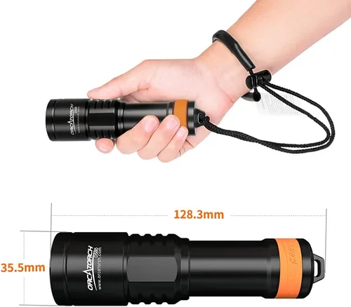 Vista 7 de ORCATORCH Luz de buceo D580, linterna subacuática máxima de 530 lúmenes con haz estrecho de 6 grados, interruptor giratorio impermeable IP68