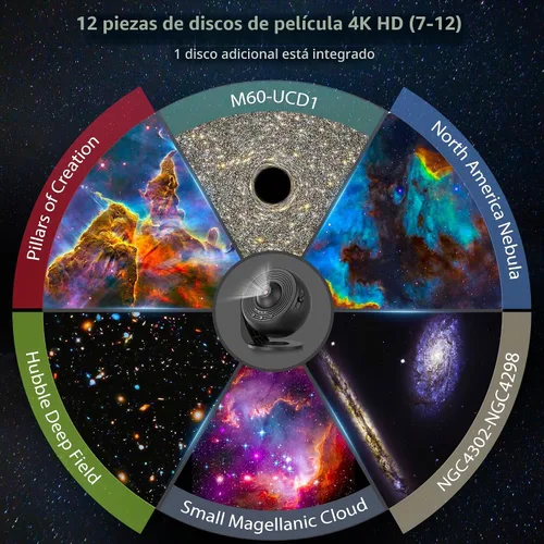 Vista 3 de Proyector de galaxia para dormitorio, proyector de estrellas de imagen HD, perilla ajustable de luz de galaxia, 13 discos de película, proyector