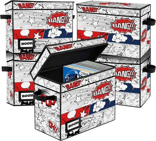 Vista 28 de Caja de Almacenamiento de Cómics, 15.8" X 7.8" X 11.8", Resistente Plegable Contiene 160-180 Cómics Contenedor Organizador Estante