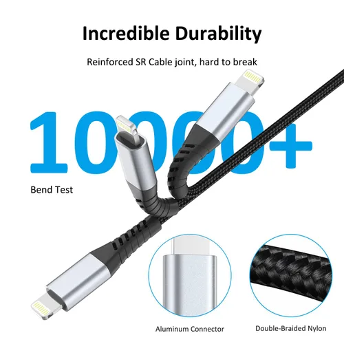 Vista 5 de Cable corto de carga para iPhone de 6 pulgadas, paquete de 3 cables USB a Lightning de 0.5 pies, cable corto trenzado para iPhone de carga rápida