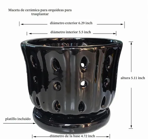 Vista 3 de Maceta de Cerámica para Orquídeas con Platillo Adjunto y Agujero de Drenaje de 6 Pulgadas (Negro)