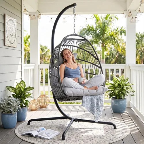 Vista 13 de RADIATA Silla de huevo al aire libre con soporte, silla colgante de mimbre Dorado/Beige