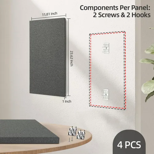 Vista 2 de Art3dwallpanels 4 PCS Paneles Acústicos, 24''x12'' Paneles de Pared de Tela Insonorizados, Paneles de Absorción de Sonido de Montaje Fácil con Gris