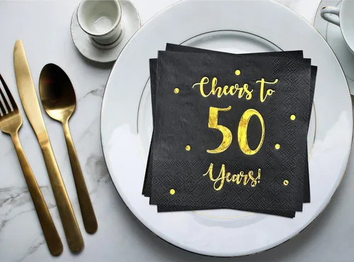 Vista 8 de Servilletas de cóctel de Cheers to 50 años, decoraciones de feliz cumpleaños número 50 para hombres y mujeres, decoraciones de aniversario de boda