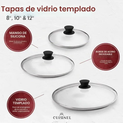 Vista 2 de Juego de sartenes de hierro fundido de Cuisinel + tapas de vidrio – Sartenes de 8, 10 y 12 pulgadas + fundas de mango de silicona. Utensilios