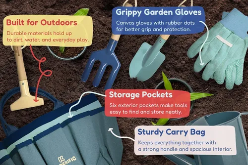 Vista 4 de Kinderific Juego de herramientas de jardinería, para niños, STEM, incluye bolsa de mano, pala, regadera, rastrillo, tenedor, paleta y guantes