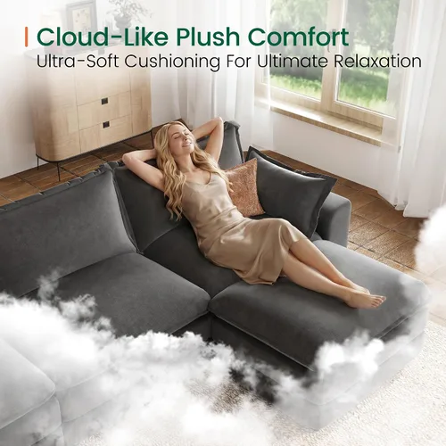 Vista 6 de Sofá de nube en forma de L de 118 pulgadas, sofá modular de gran tamaño con otomana móvil, cómodo sofá de felpilla de 4 plazas con asiento profundo