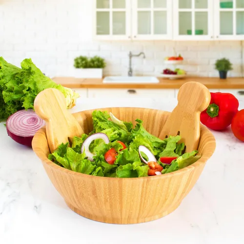 Vista 6 de Edward manos de ensalada, cubiertos para servir ensalada 100 % de bambú, manos para ensalada original, Paquete de 1, Amarillo