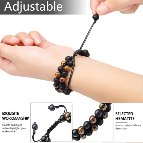 Vista 2 de Healing Crystals Triple Protection Mens Bracelet, Tiger Eye Beads Hematite and Black Obsidian for Women, Natural 8mm Good Luck Stone Bracelets