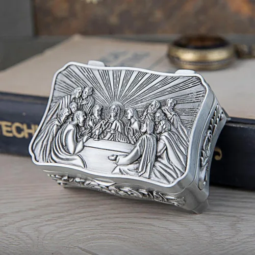 Vista 3 de cenryusa Caja para collar de rosario vintage, caja eucarística de almacenamiento de joyería de la última cena, caja de recuerdo de rosario cristiano