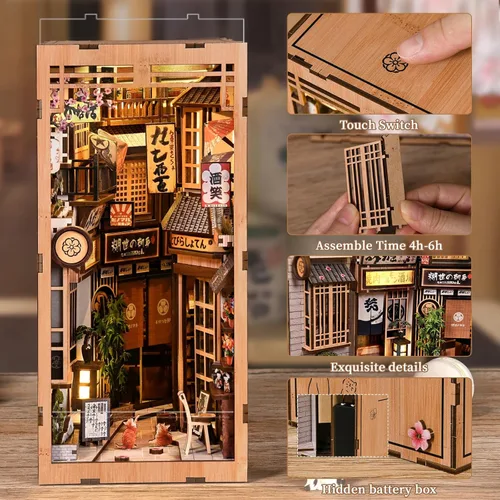 Vista 3 de Kit de rincón de libros, rompecabezas de madera 3D con luz LED, modelo de casa en miniatura de callejón callejón japonés, decoración creativa