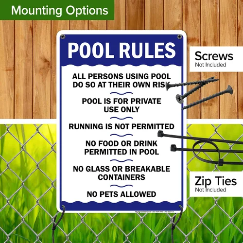 Vista 5 de Letrero de reglas de la piscina, «Swim at Your Own Risk, This is a Private Pool, No Food No Runing, No Glass, No Pets – Cartel de piscina, 10 x 14