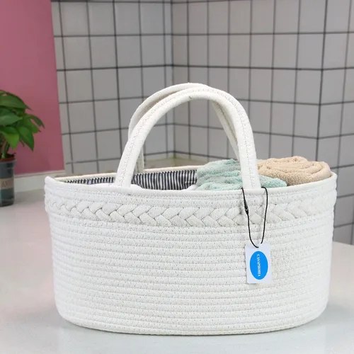Vista 5 de Casaphoria Cesta tejida para artículos diversos, cesta de cuerda de algodón para almacenamiento, organizador con asa, color blanco crema