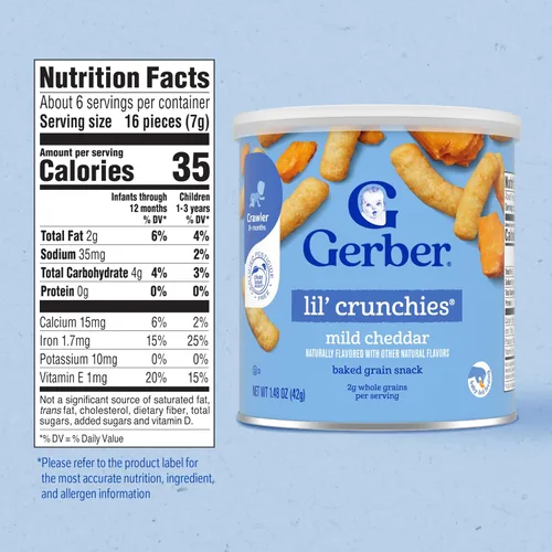 Vista 2 de Gerber Stage 3 Snacks de comida para bebés, Mild Cheddar Lil' Crunchies, Snacks para bebés, alimentación guiada por el bebé, paquete de 6