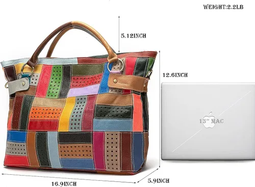 Vista 2 de Bolso de mano de cuero genuino para mujer multicolor con retazos huecos bolsos de mano