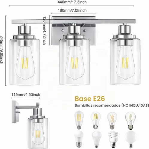Vista 4 de Accesorios de iluminación de tocador de 3 luces, apliques de pared de baño en cromo pulido, luces de pared modernas con pantallas de vidrio