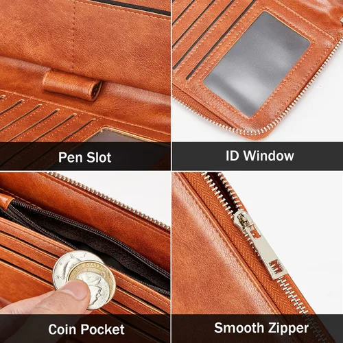 Vista 6 de BROMEN Cartera de cuero grande para mujer, soporte para teléfono con cremallera alrededor del bolso