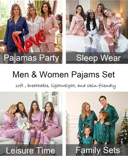 Vista 5 de SWOMOG Conjunto de pijama a juego para parejas, de satén de seda, de manga larga, suave, con botones