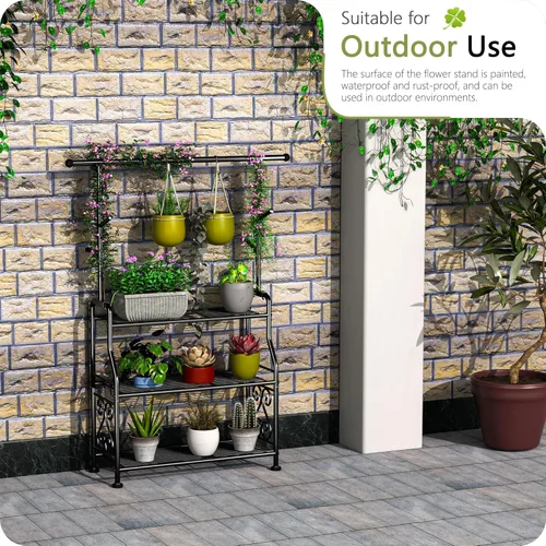 Vista 5 de GIOTORENT Soporte para plantas de interior, estante de metal resistente de 3 niveles para patio e interior, soporte alto para plantas que sostiene