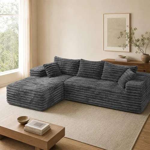Vista 19 de Sofás seccionales negros para sala de estar, sofá sin estructura rígida con chaise en forma de L, sofá modular en caja con asiento profundo,