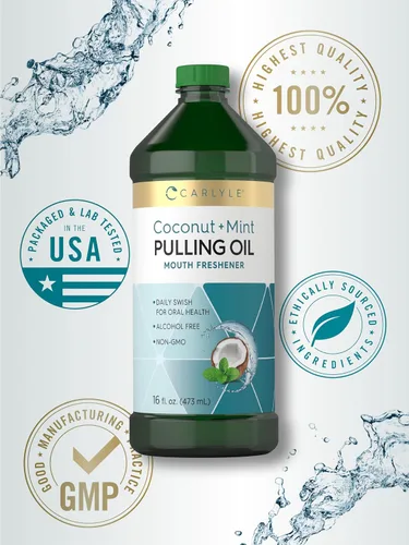 Vista 6 de Carlyle Aceite de Extracción para Dientes y Encías 16 Fl Oz Paquete de 2 Coco y Menta Sin Alcohol y Sin OGM Coco y menta Sin alcohol, sin